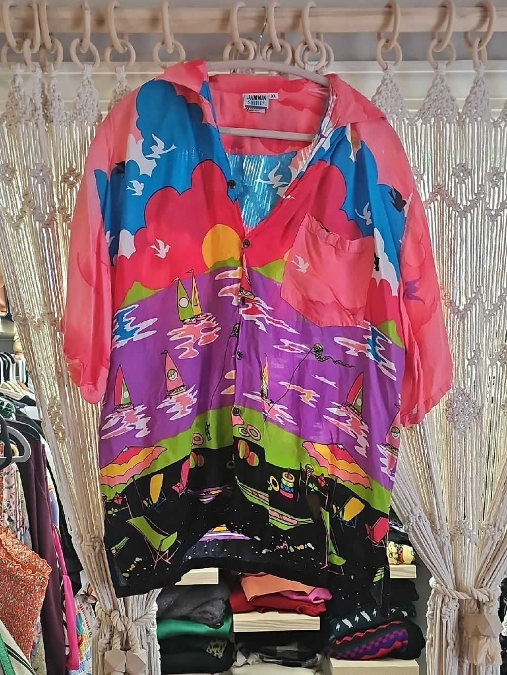 Funky Vibrant Tropical Print Button-Up Shirt — Multi